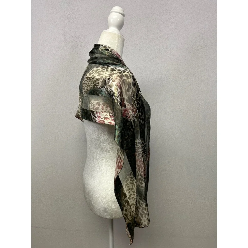 Boho Chic Animal Print Womens OS Green Brown Sheer Rectangular Scarf
